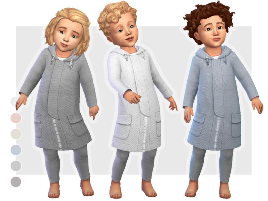 Tres niños pequeños de Los Sims 4 que llevan puestos abrigos largos hasta las rodillas en color gris.