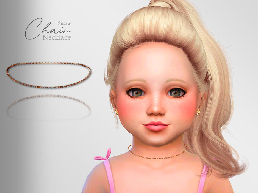 Un niño pequeño de cabello rubio, ojos avellana, del juego Los Sims 4, que lleva puesto un top rosa y unos pendientes de estrella dorada. También está usando un collar de cadena personalizado de oro.