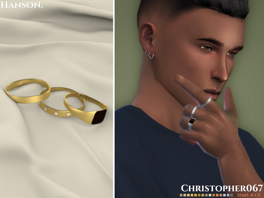 Un personaje masculino de Los Sims 4 que lleva un conjunto de anillos cc dorados. 