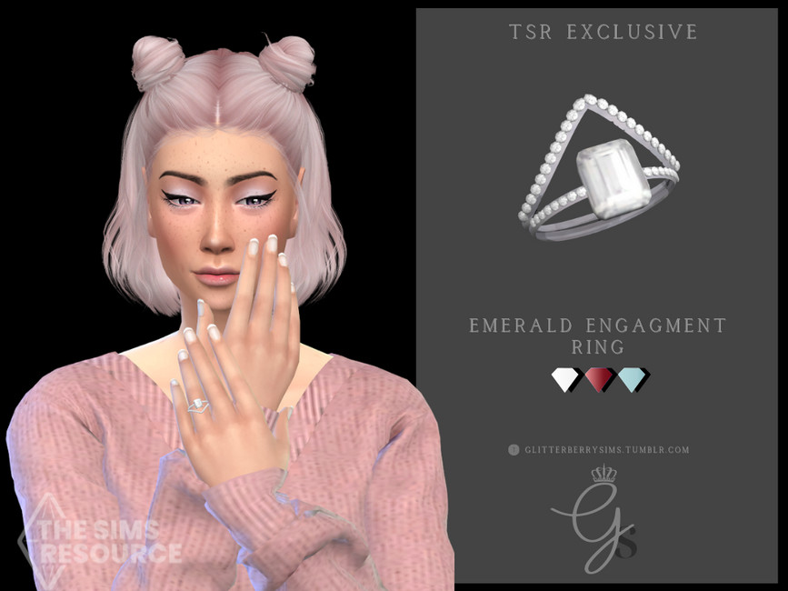 Un sim con un suéter rosa y cabello rosa claro con las manos cruzadas frente a su cuello para mostrar su anillo cc de los Sims 4.