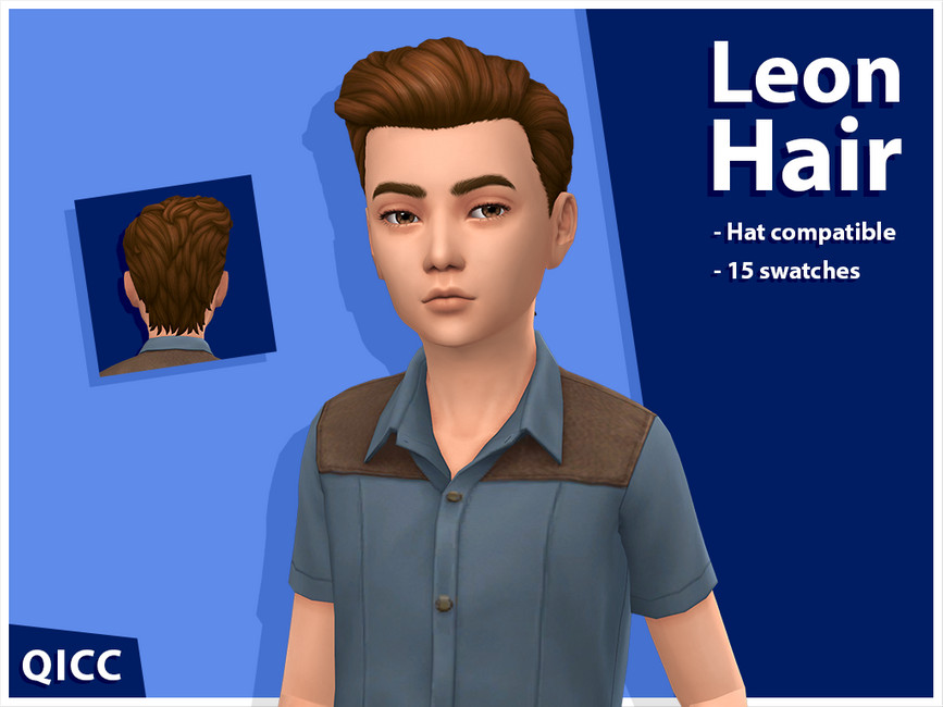 Un sim con una camisa azul con hombros marrones y un cabello hacia atrás y barrido hacia un lado