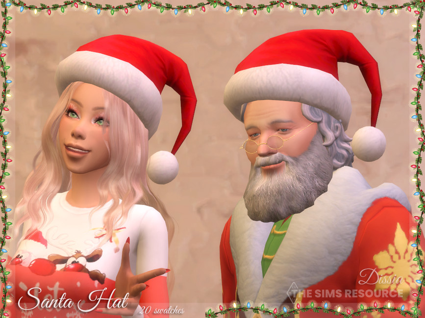 Una sim que parece el Padre Invierno y un niño rubio pequeño que lleva sombreros de Santa a juego en Los Sims 4 cc para Navidad