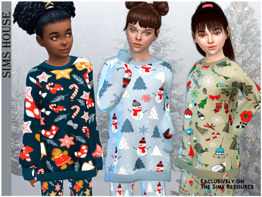 Tres niñas en Los Sims 4 que llevan un suéter de Navidad grande como su pijama de cc.