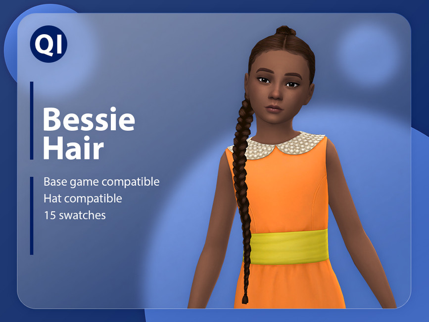 Una sim en Los Sims 4 vistiendo un vestido naranja brillante con su cabello cc recogido en una cola de caballo trenzada con una raya en el medio